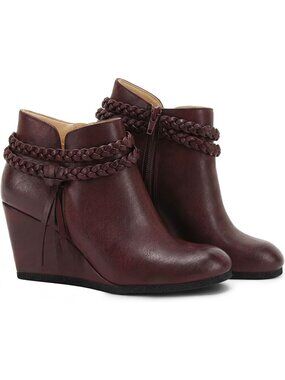 Women's Wine Red Wedge Ankle Boots Braided Fringe Strap Western Heeled Booties